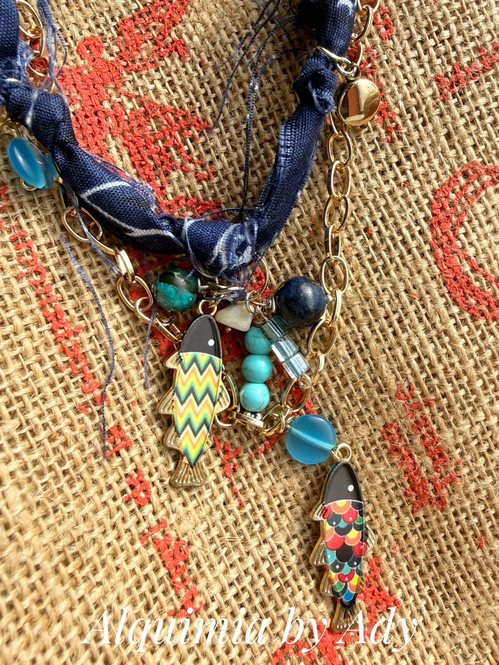 Layered gold Multicolor Enamel Fish Charm Necklace with Turquoise Beads